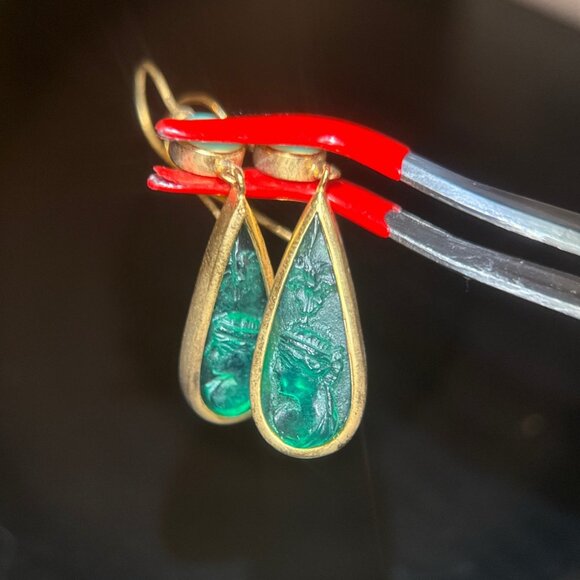 Carved Green Lady/Turquoise Earrings - Picture 2 of 5